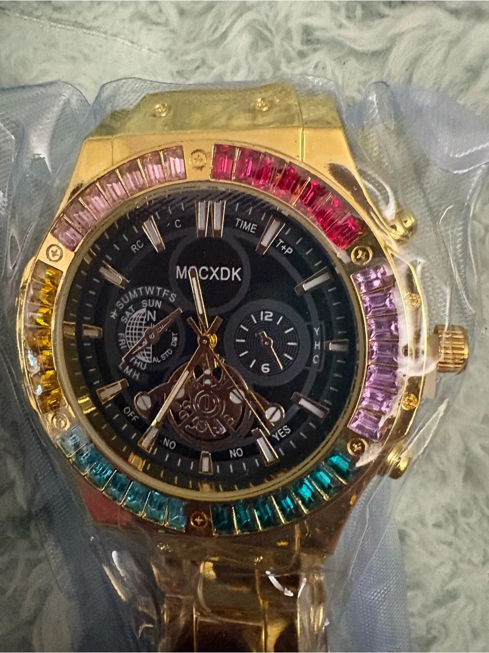 NEW-classic stunning rainbow Gold-Tone Multi-Color Crystal Watch